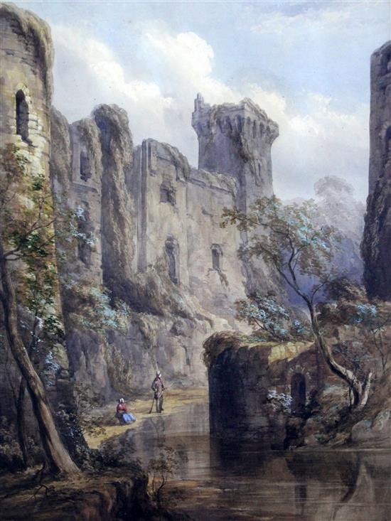 19th century English School Figures beside castle ruins, 21 x 16in.